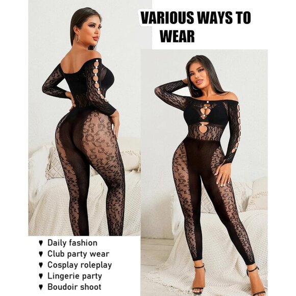 Women Long Sleeve Fishnet Body Stocking Leopard Rhinestone Body Suits Jumpsuit - Picture 5 of 6